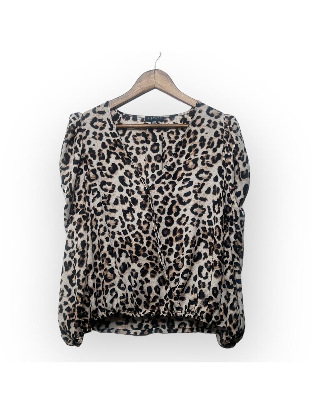 1.State Leopard Print Faux Wrap Surplice Puff Sleeve Blouse